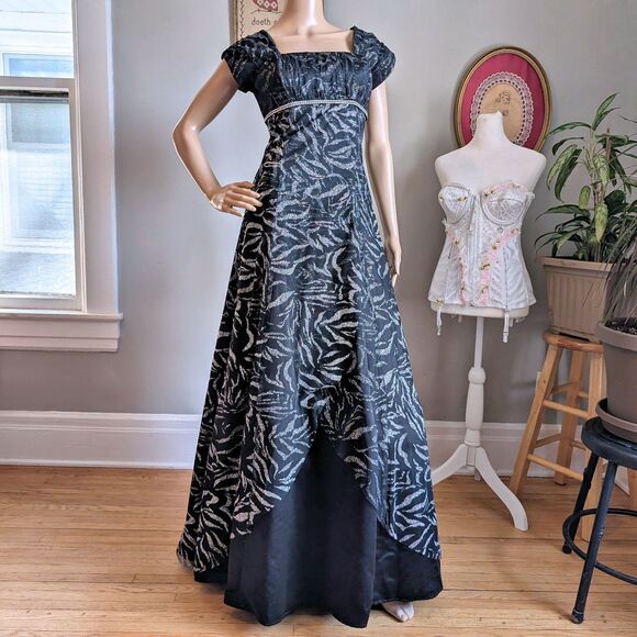 Vintage 90s Jody California Ball Gown Regency Empire Prom Dress Zebra Glitter - Picture 3 of 12